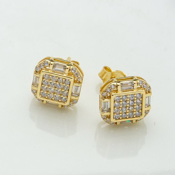 Gold CZ Stud Earrings, 14k Gold Plated 10mm Icy Bling Square CZ Studs - Picture 4 of 9